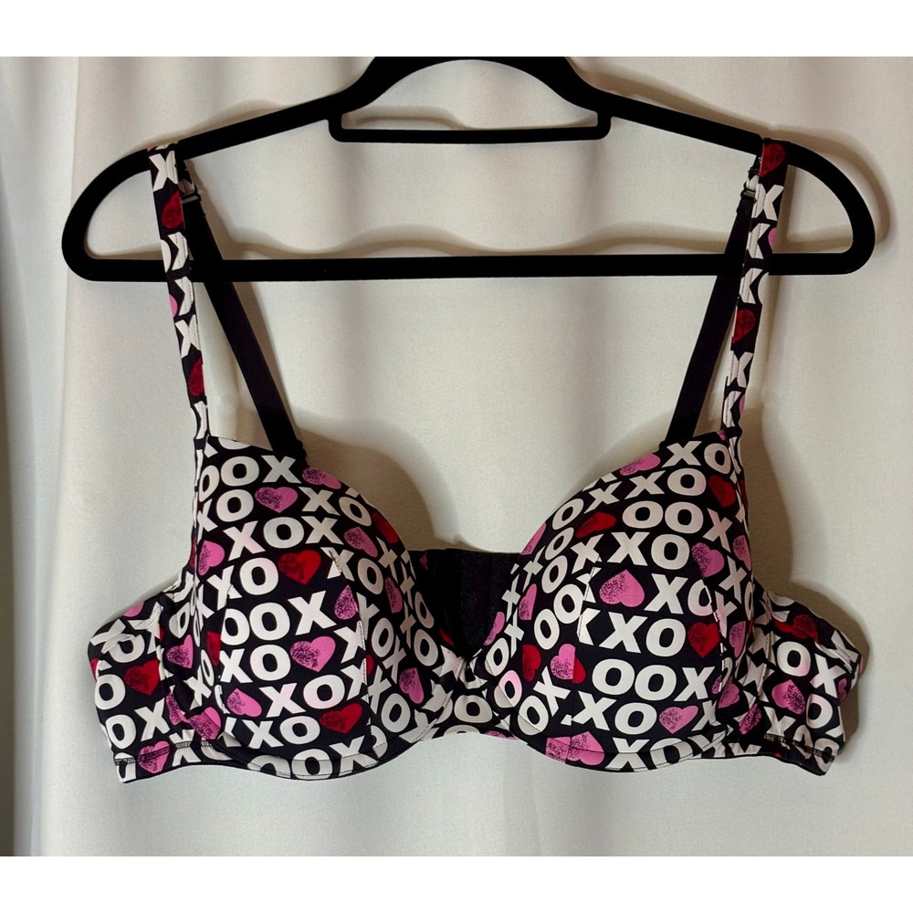 Cacique 44B Underwire Bra Black Pink Red XO Heart Print Padded T-Shirt Bra